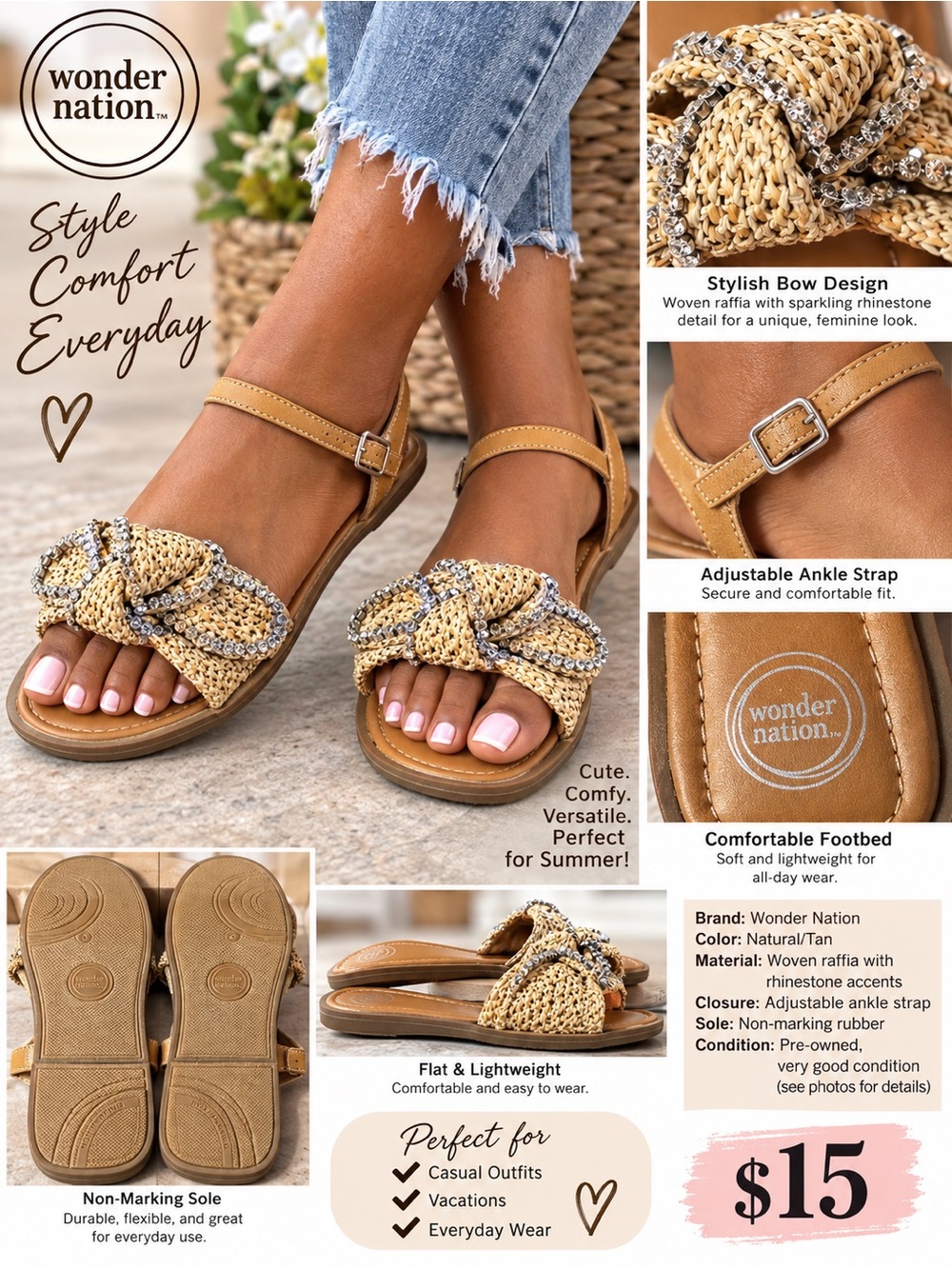 wonder nation Natural/Tan Raffia Bow Sandals with Rhinestone Trim